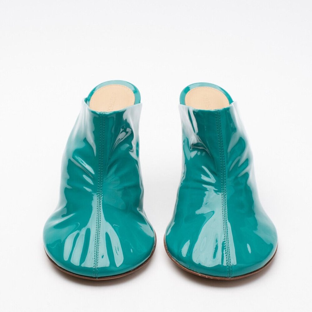 NEW in Box Bottega Veneta EU38 US8 Supergloss Leather Mule Heel Turquoise Shoe